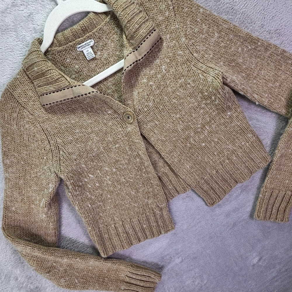 American Eagle Women Cardigan L Tan Wool Blend Chunky Knit Cropped Single Button